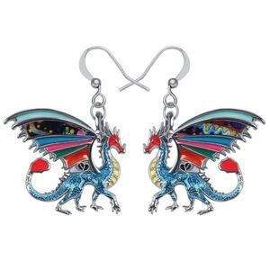 Silver and Multicolor Enamel Mythical Dragon Dangling French Wire Hook Earrings